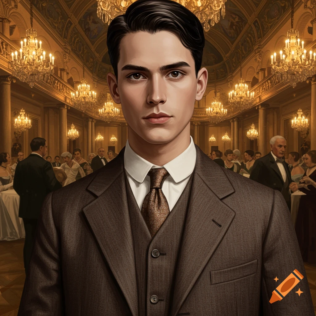 A young man in a suit and tie stands in a grand ballroom.
