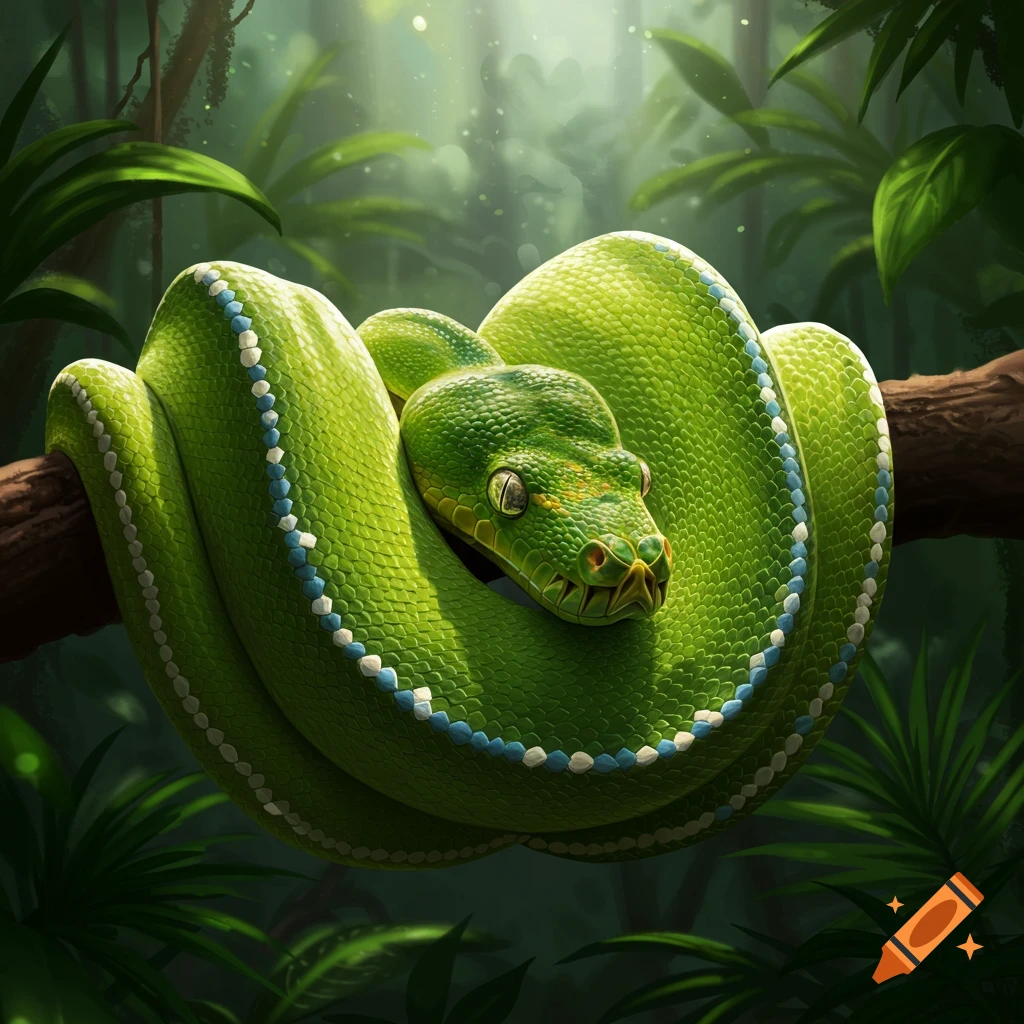 A green snake with blue and white markings coiled on a branch in a jungle.