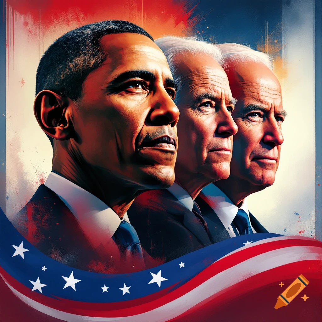 Barack Obama and Joe Biden with another man in profile against an American flag background.