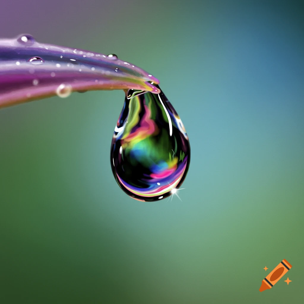 A single water drop with colorful reflections hangs from the tip of a purple leaf.