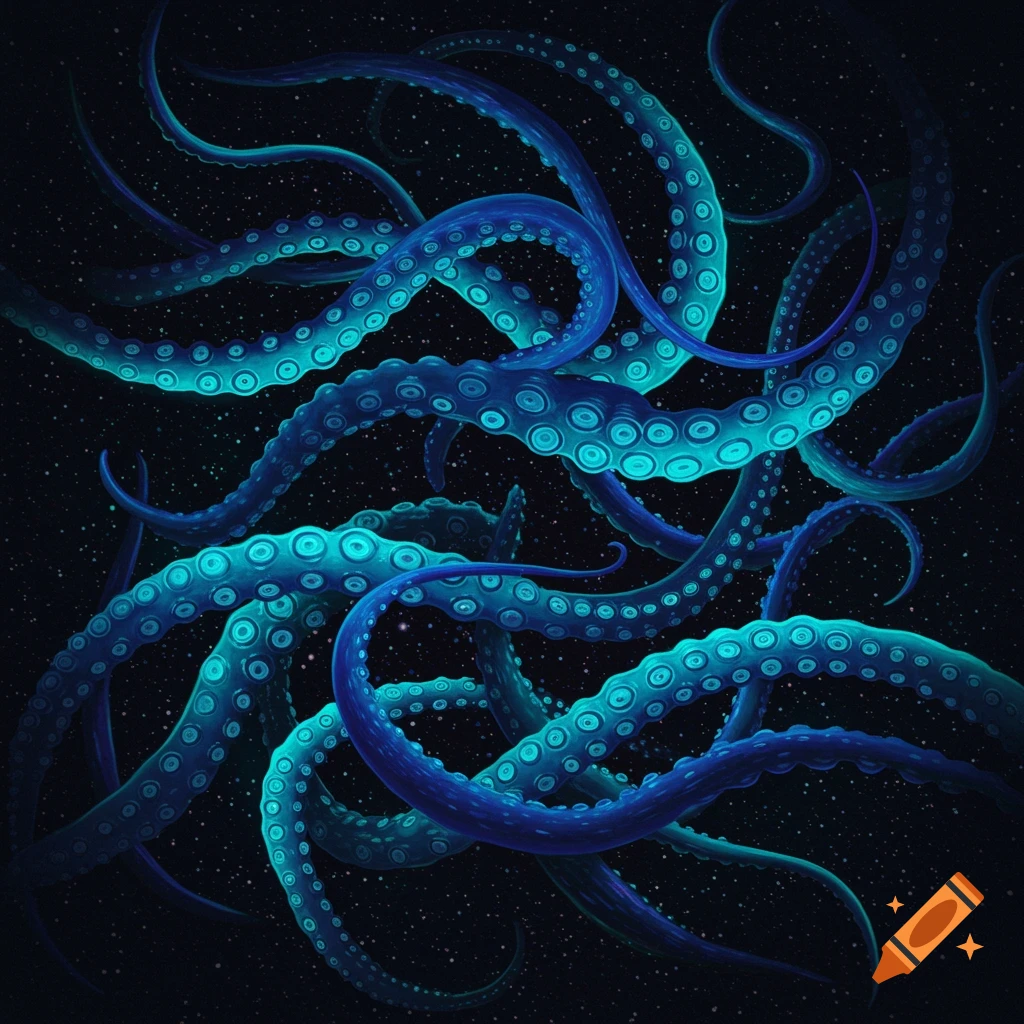 Swirling blue bioluminescent tentacles in space with stars.