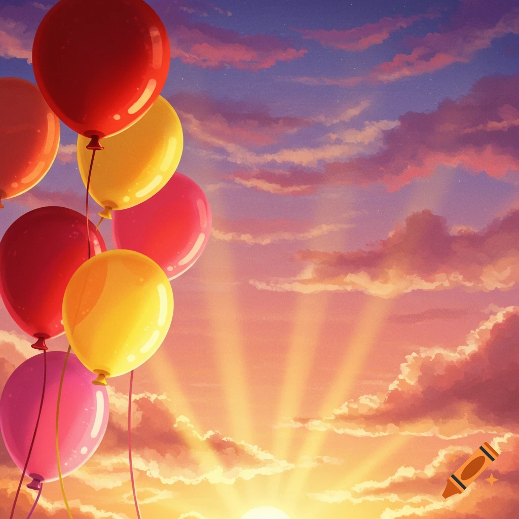 Colorful balloons float against a vibrant sky with clouds and a setting or rising sun.