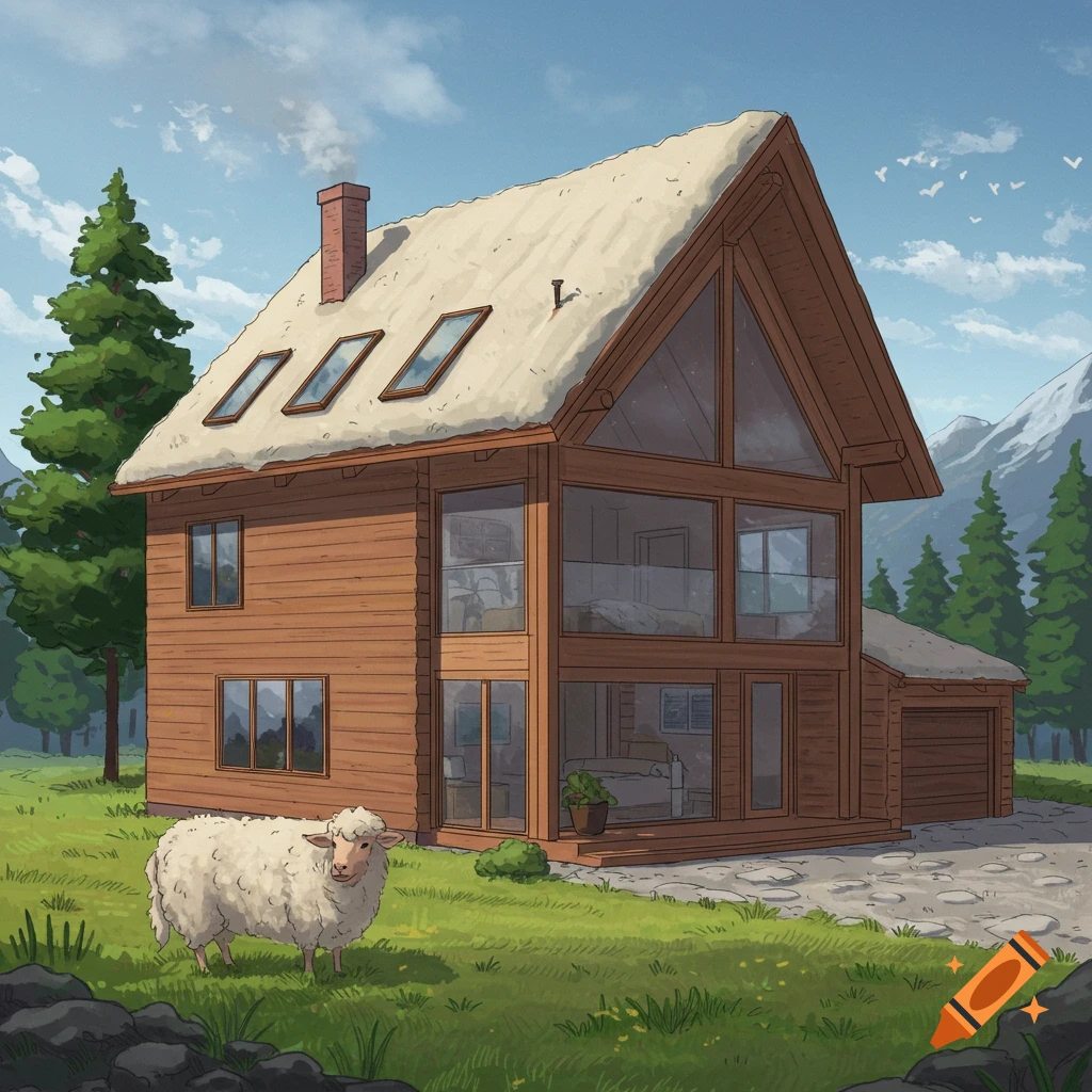 A wooden cabin house with a sheep in a grassy meadow near mountains and trees.
