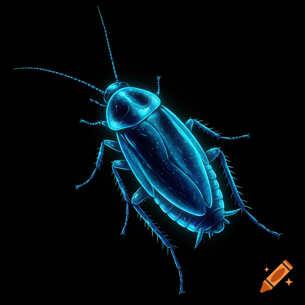 A neon blue glowing cockroach on a black background.