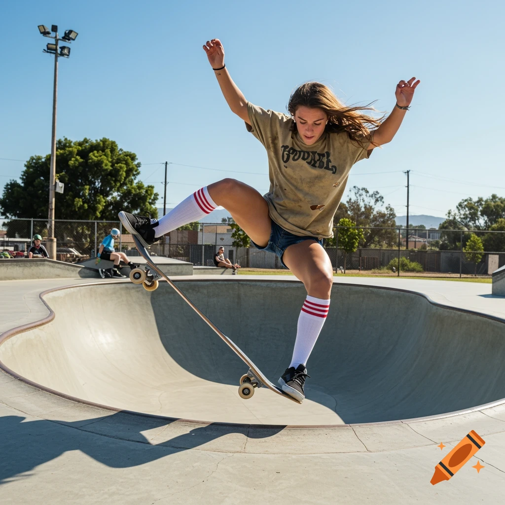 Young woman does a skateboarding trick jumping out of a bowl in a skate park on a sunny day.