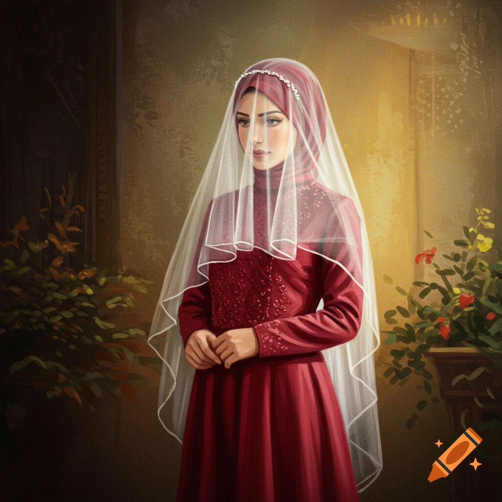 A woman in a red dress, hijab, and veil.