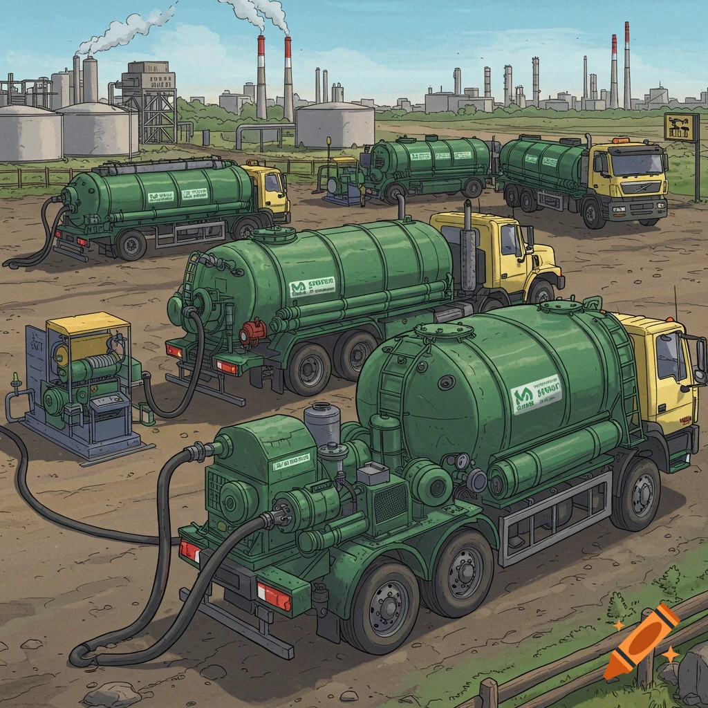An illustration of green septic pumping trucks and equipment at an industrial site with large tanks and smokestacks.