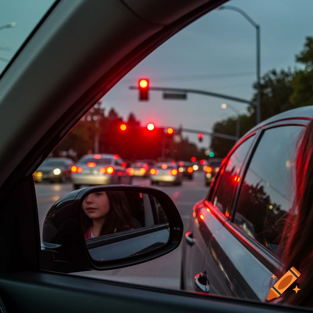 View from inside a car looking at traffic lights and cars, with a face reflected in the side mirror.