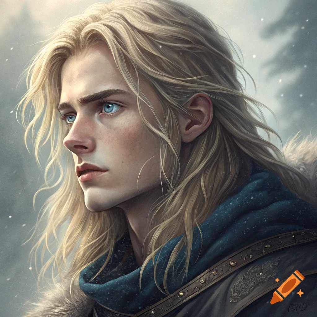 Young man with long blond hair and blue eyes in fantasy winter attire.