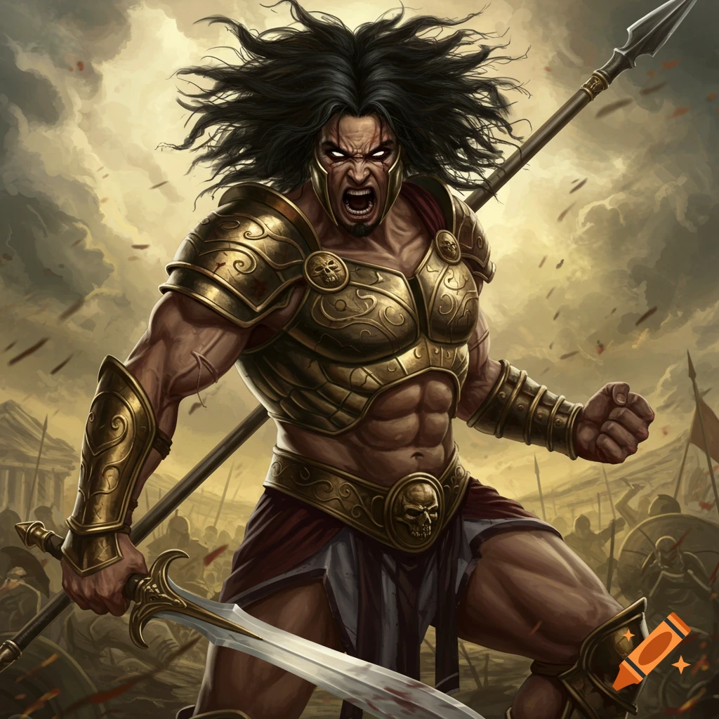 A muscular warrior in gold armor yelling in a battle, holding a spear and sword.