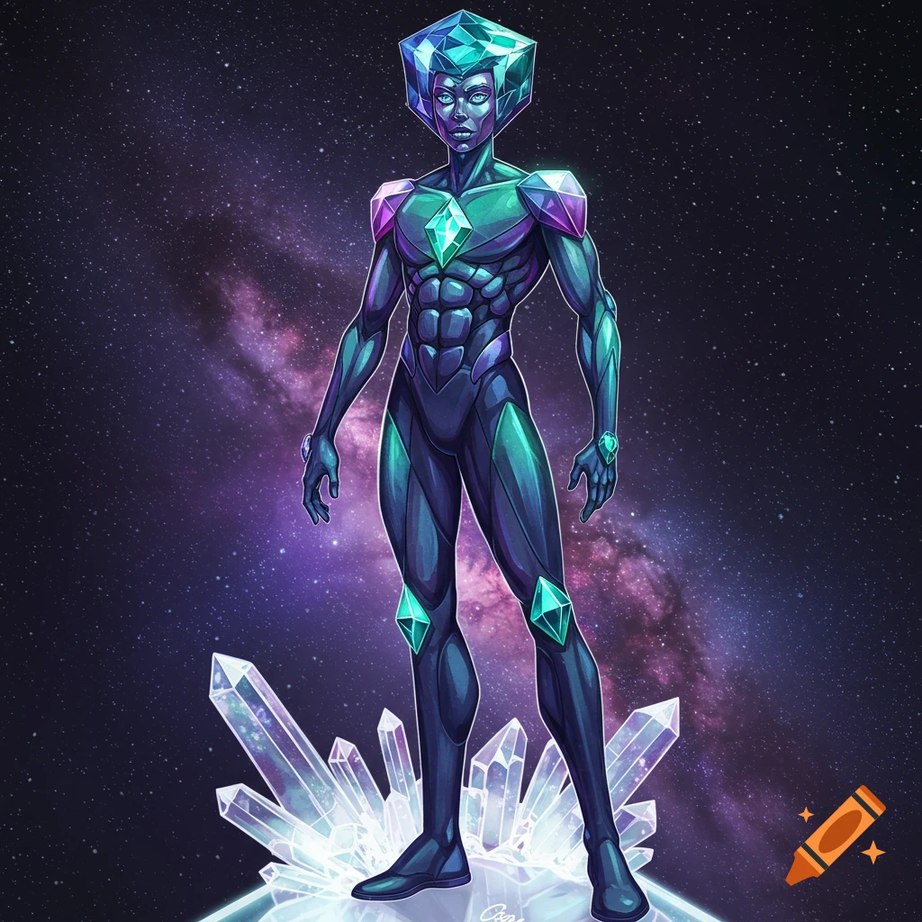 A gemstone humanoid superhero stands on crystals in space