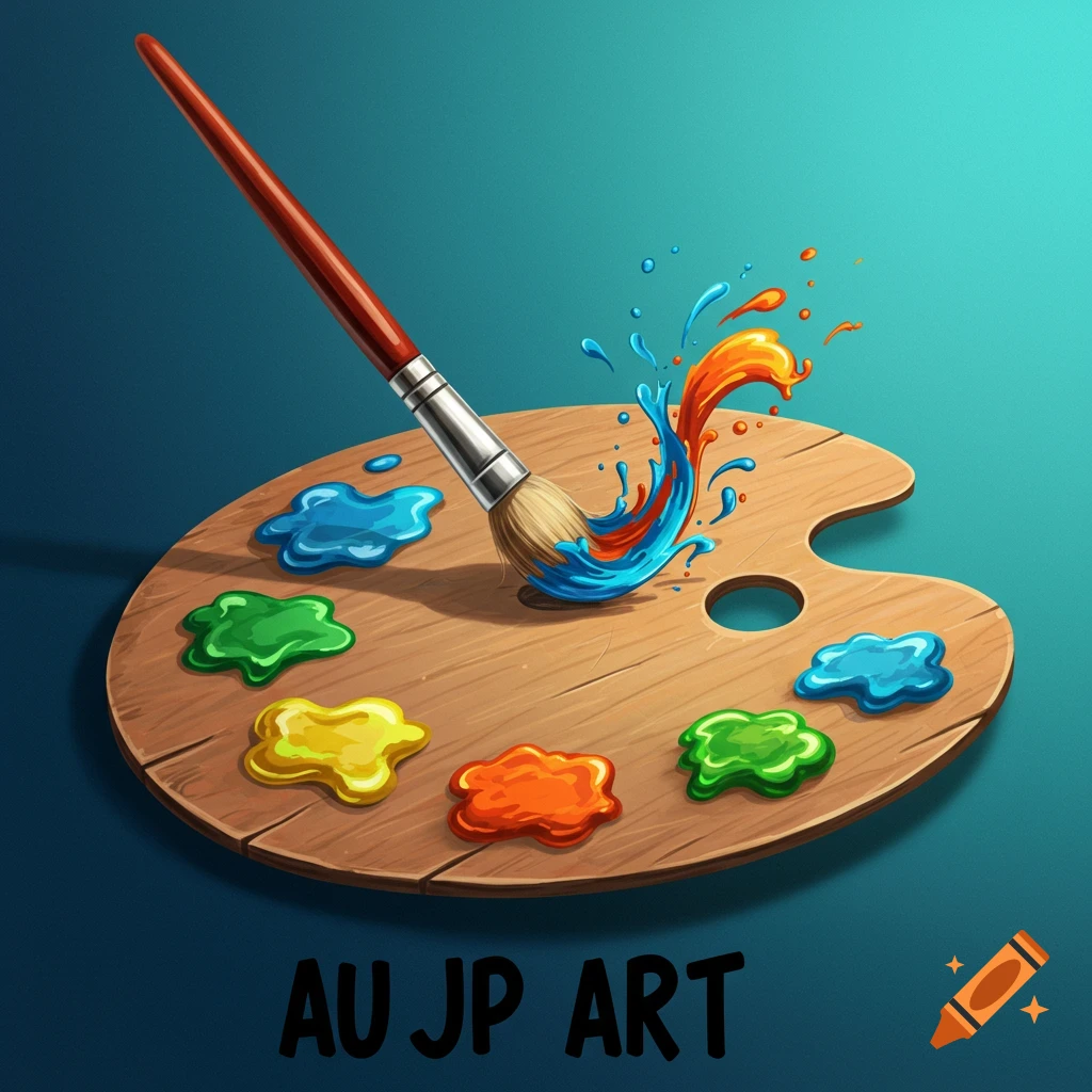 A digital illustration of a paintbrush mixing colorful paint on a wooden palette with text at the bottom.