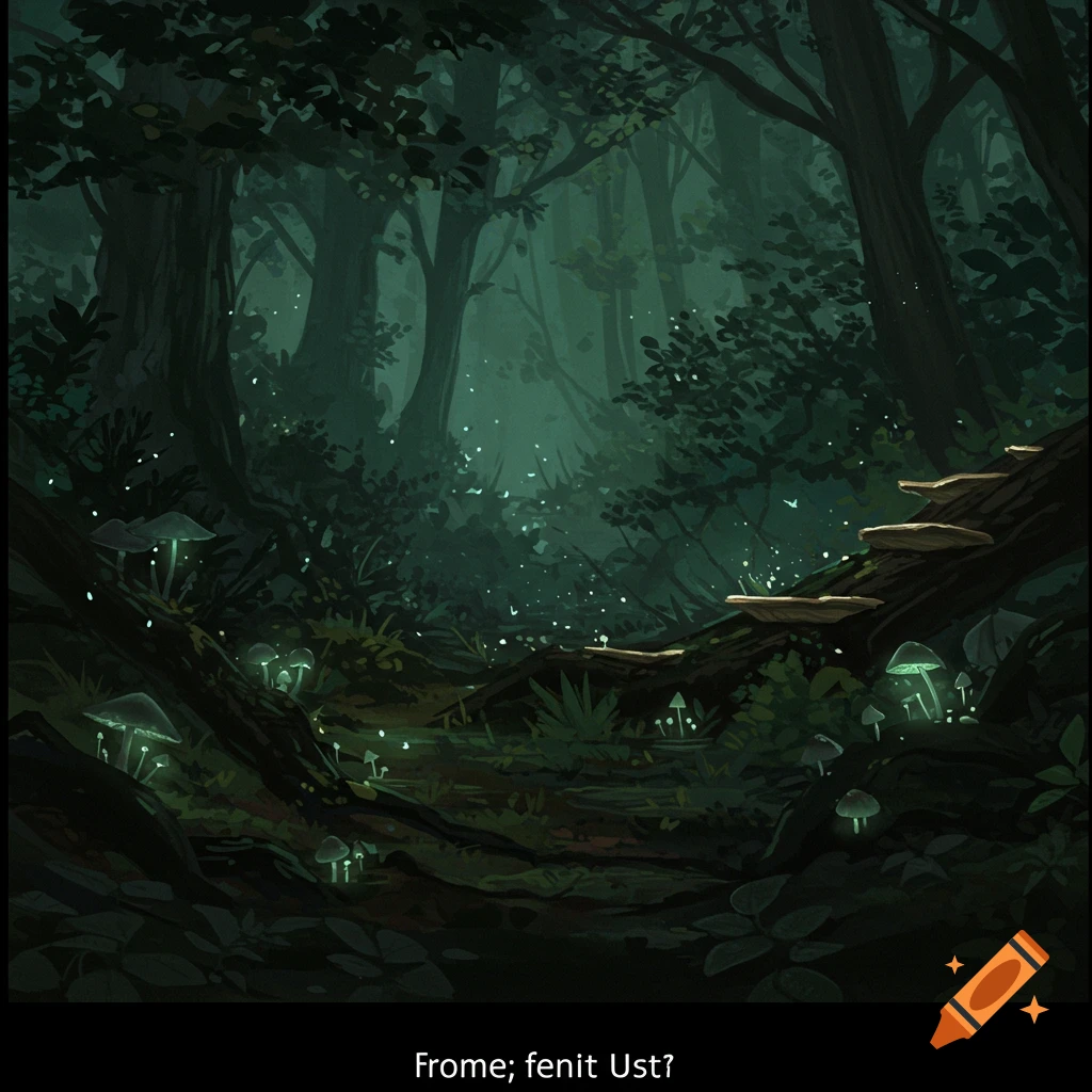 A dark fantasy forest with glowing mushrooms and floating lights.