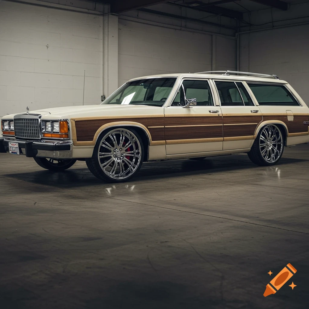 White Ford Country Squire station wagon with wood paneling and large chrome rims in a garage.