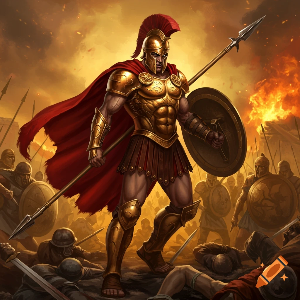 A mighty Spartan warrior in golden armor stands on a battlefield among fallen enemies.