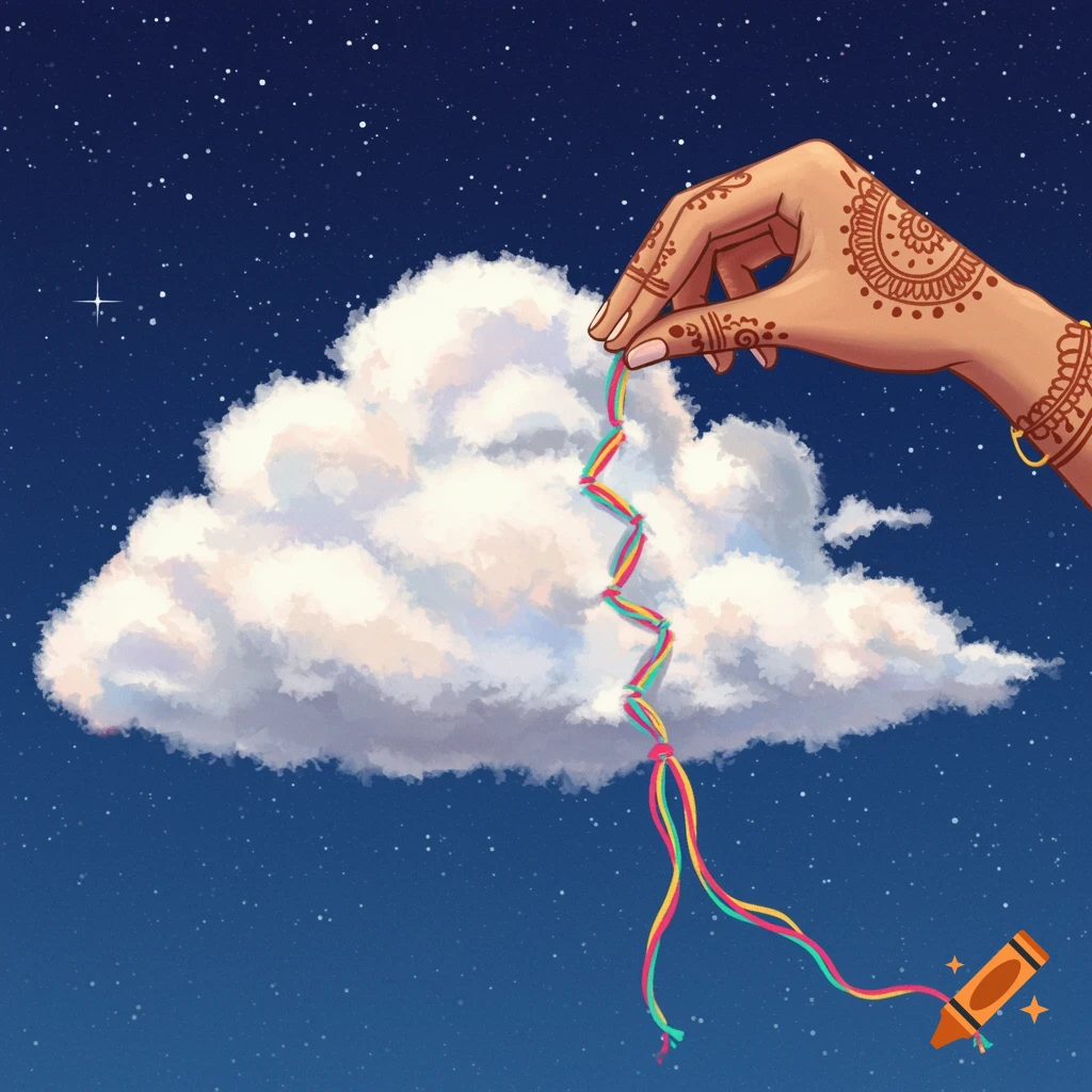 A hand with henna patterns weaves a fluffy cloud into a colorful friendship bracelet against a starry night sky in a whimsical image.