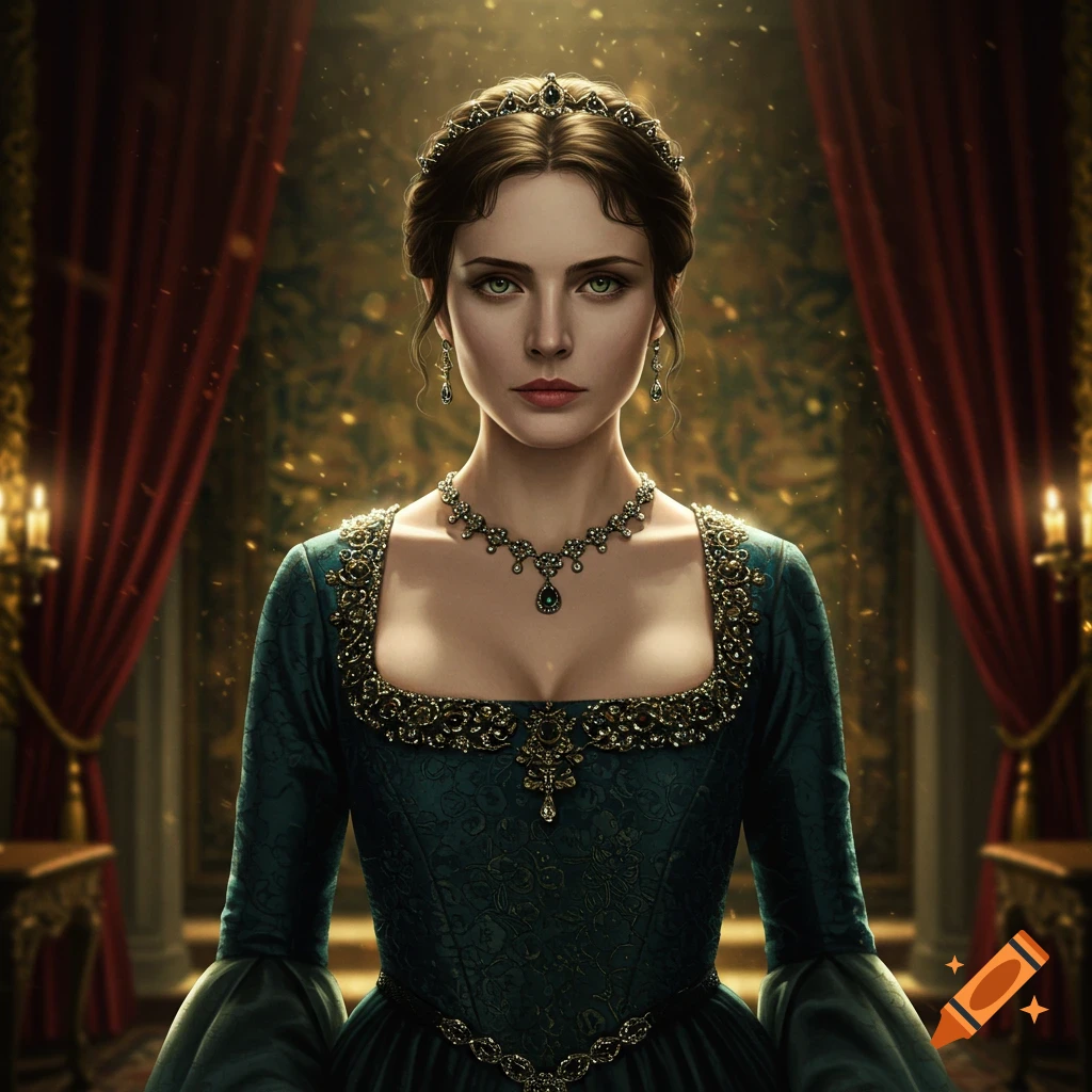 A woman in a dark teal historical dress and jewelry stands in a dimly lit room with red curtains.