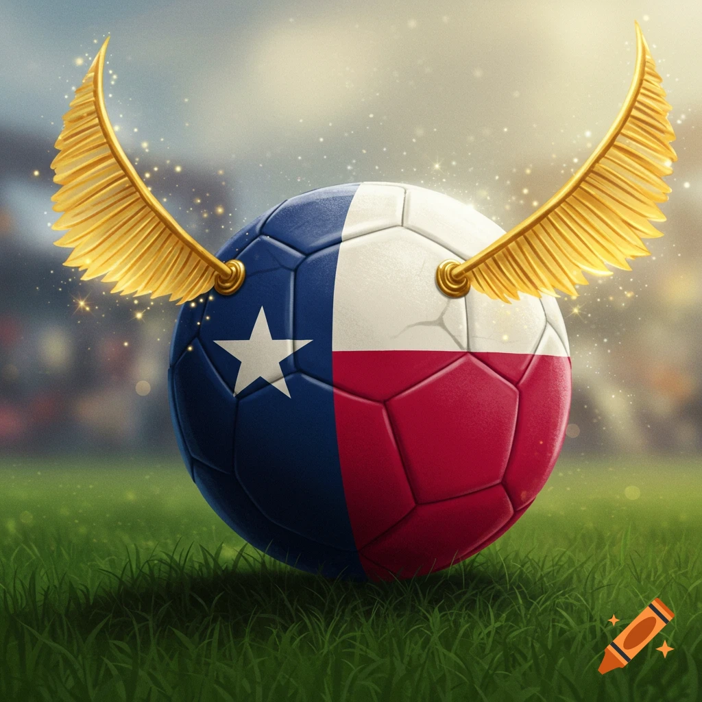 A soccer ball with the Texas flag design and golden snitch wings sits on grass.