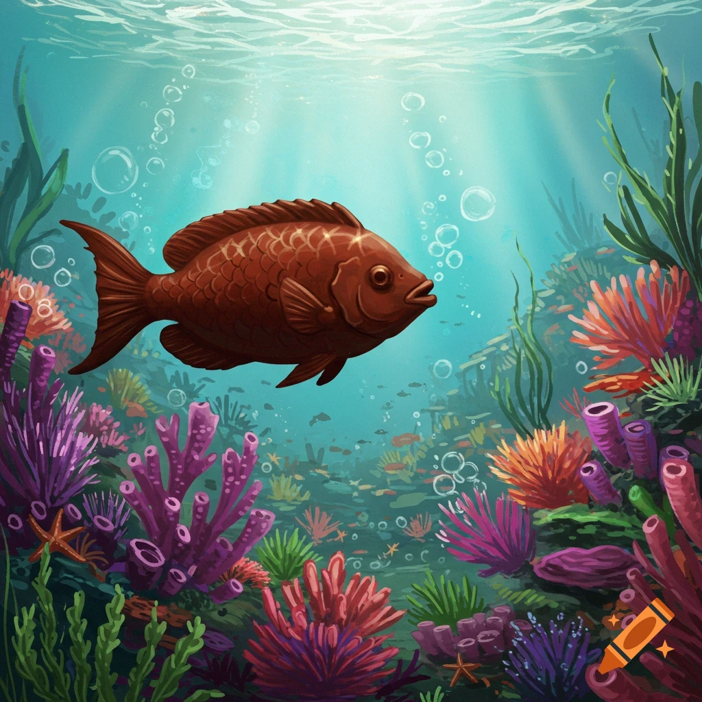 A brown fish swims in a vibrant underwater coral reef.