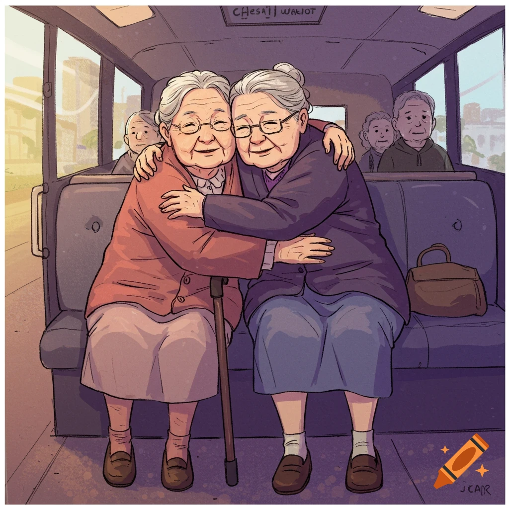 Illustration of two elderly women hugging on a bus.