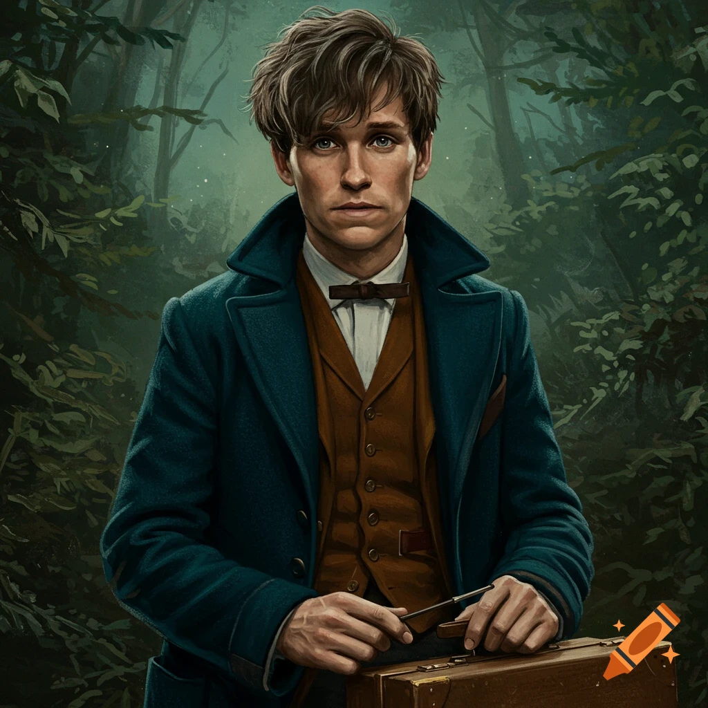 Painting of a man resembling Newt Scamander in a suit and teal coat, holding a suitcase in a forest.