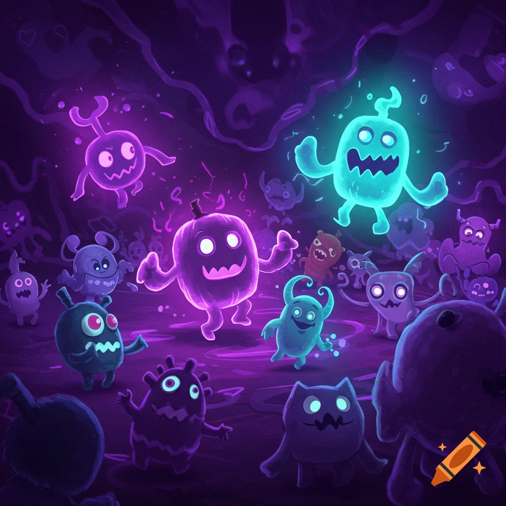 Glowing cartoon monsters in a dark setting