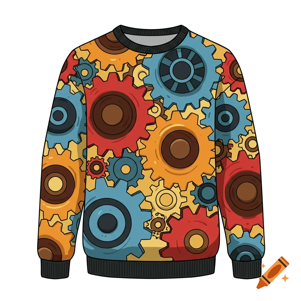 A colorful sweater with a pattern of red, blue, and yellow gears, vector graphic style.