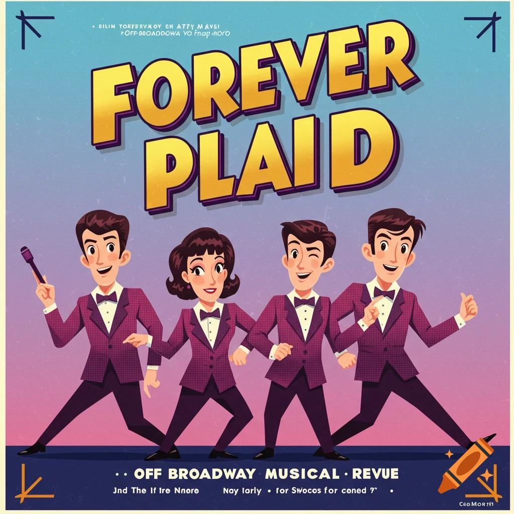 Cartoon poster for Forever Plaid musical with four characters in suits and text.