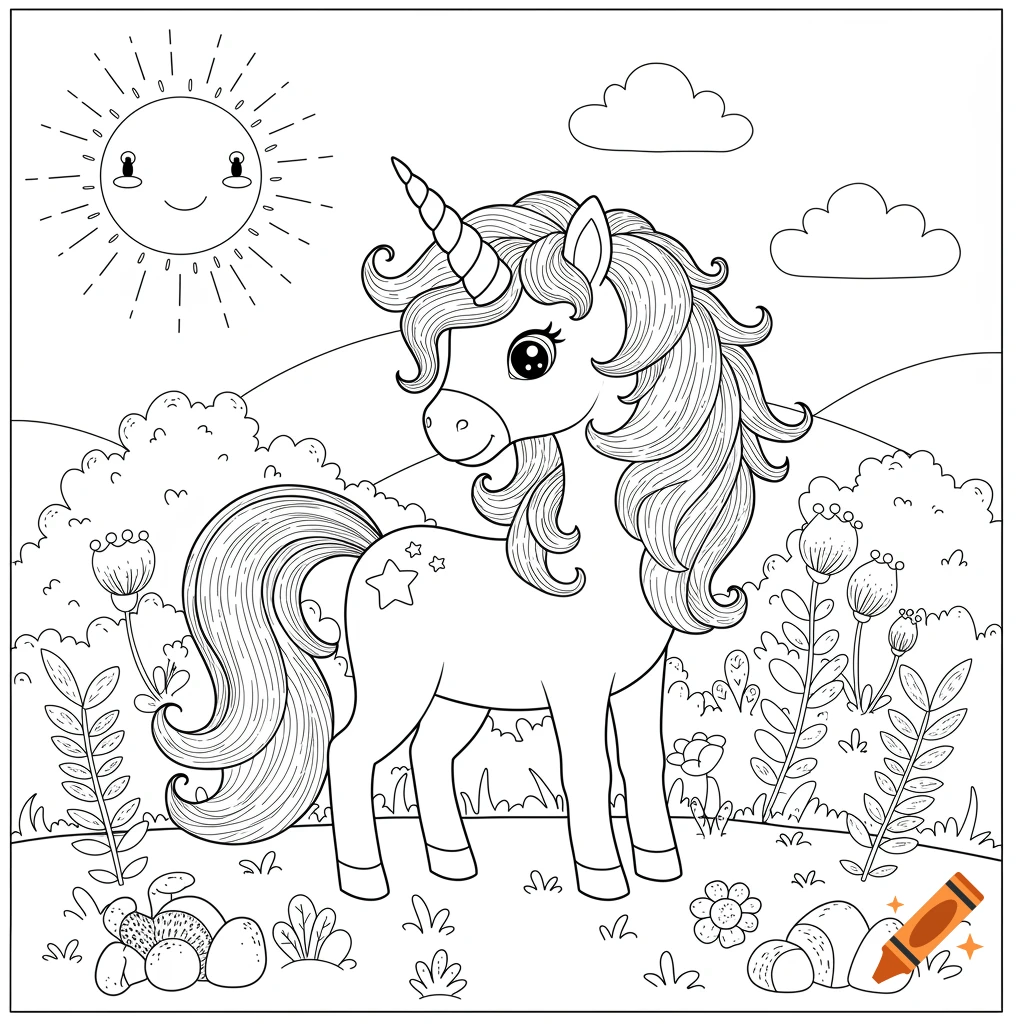 Line drawing of a cartoon unicorn standing in a meadow with a smiling sun and clouds overhead, in a coloring page style.