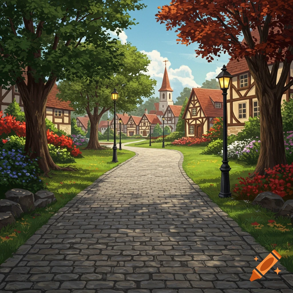 A winding cobblestone path leads through a quaint village with houses, trees, and flowers.