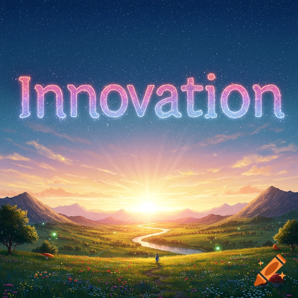 The word Innovation appears in a starry sky above a vibrant fantasy landscape with a sunrise, river, and flowers.