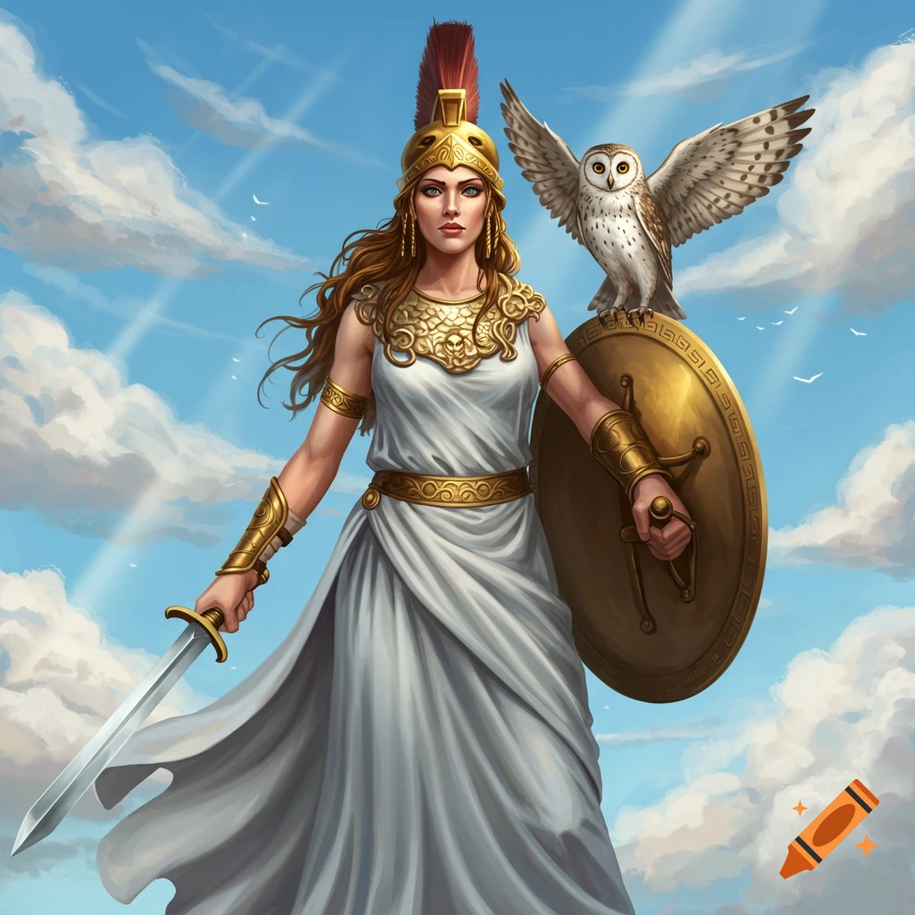 Goddess Athena is depicted with a sword, shield, and owl against a cloudy sky.