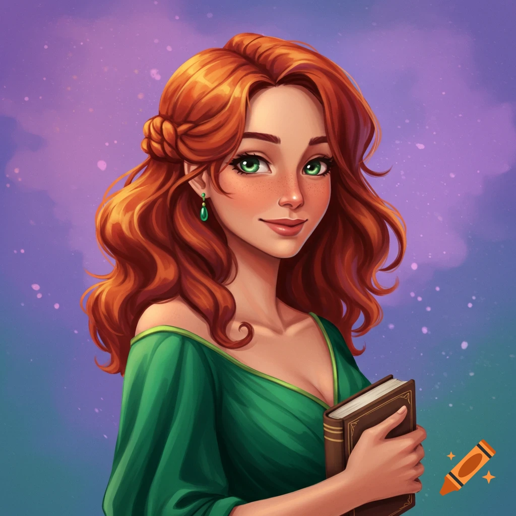 Image of a red-haired woman with green eyes holding a book