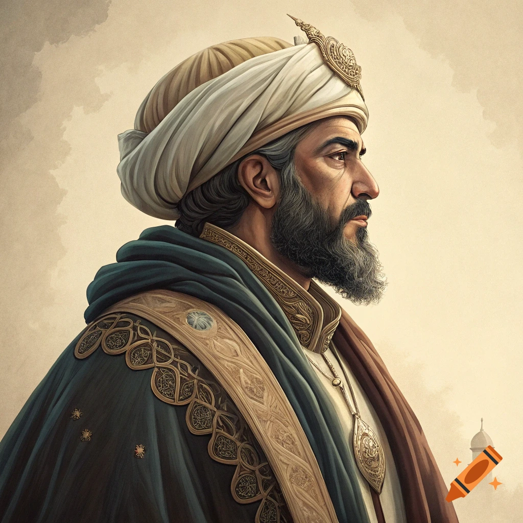 Illustration of a historical figure in a turban and ornate robe looking right.