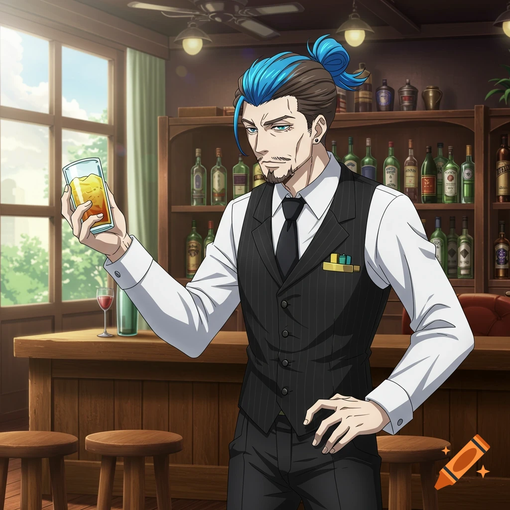 Anime man with blue hair in a bun wearing a bartender outfit holding a drink in a bar.
