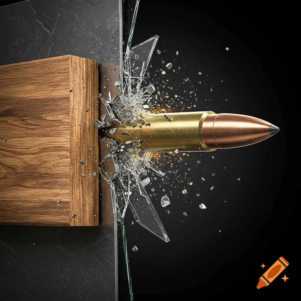 A bullet shatters glass, creating a burst of broken shards.
