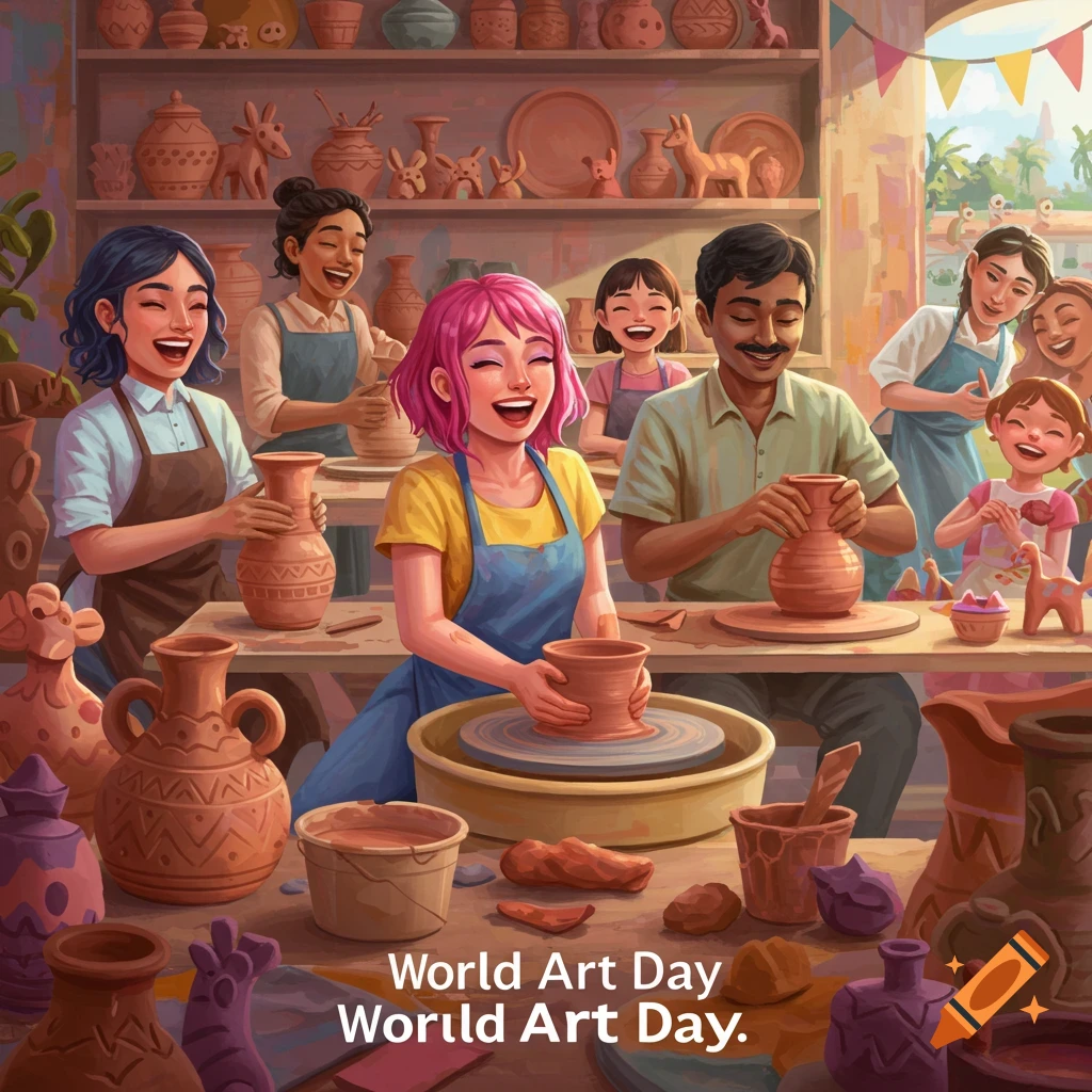People are happily making pottery in a workshop with text 'World Art Day'.