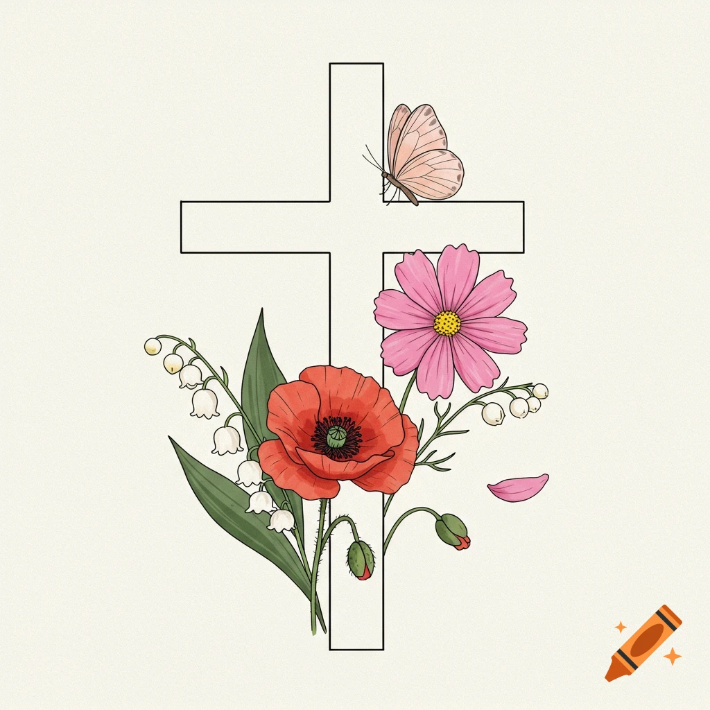 Hand-drawn illustration of a cross with a butterfly, poppy, lily of the valley, and cosmos flowers.