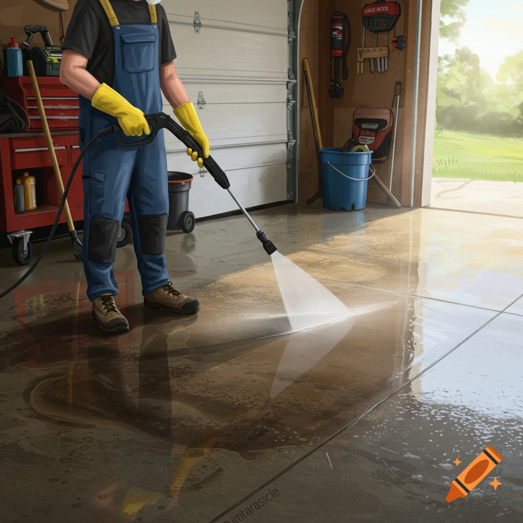 A person power washing a concrete garage floor.