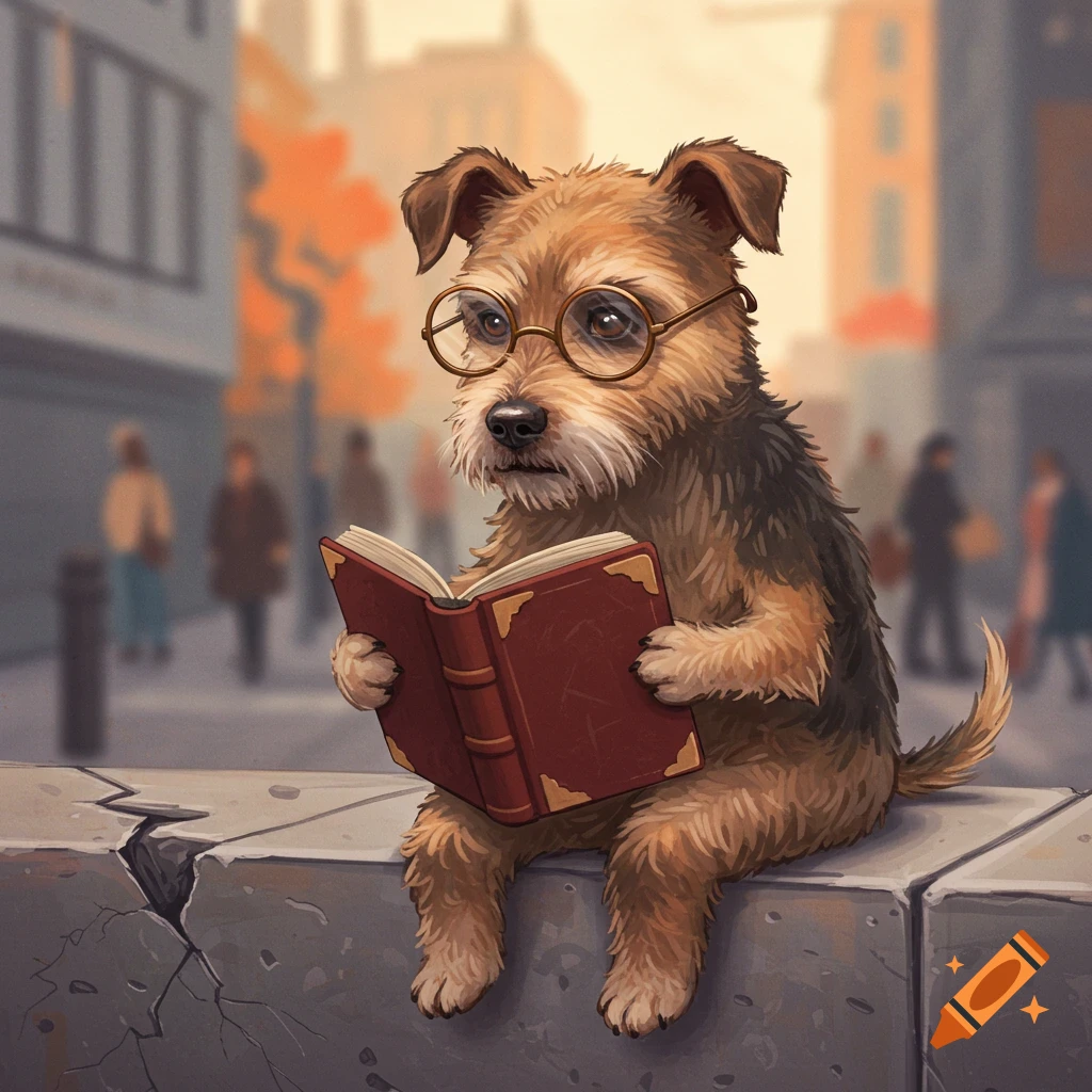 A terrier dog is sitting on a wall in a city street, wearing glasses and reading a book.