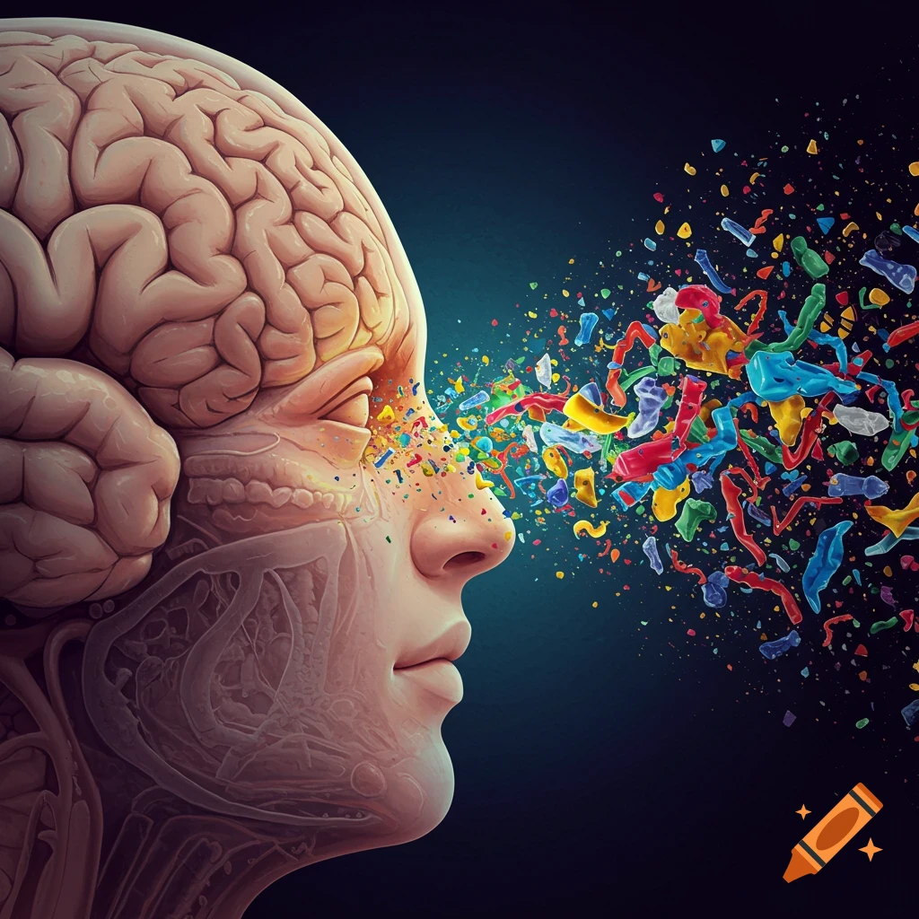 A human head with an exposed brain, with colorful particles flying out of the eye.