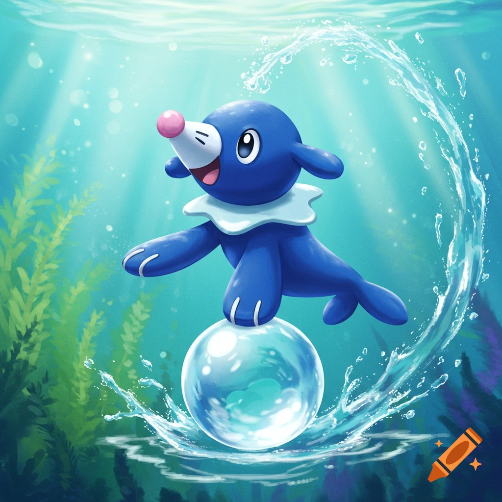 A picture of Popplio the Pokemon swimming underwater, balancing on a bubble.