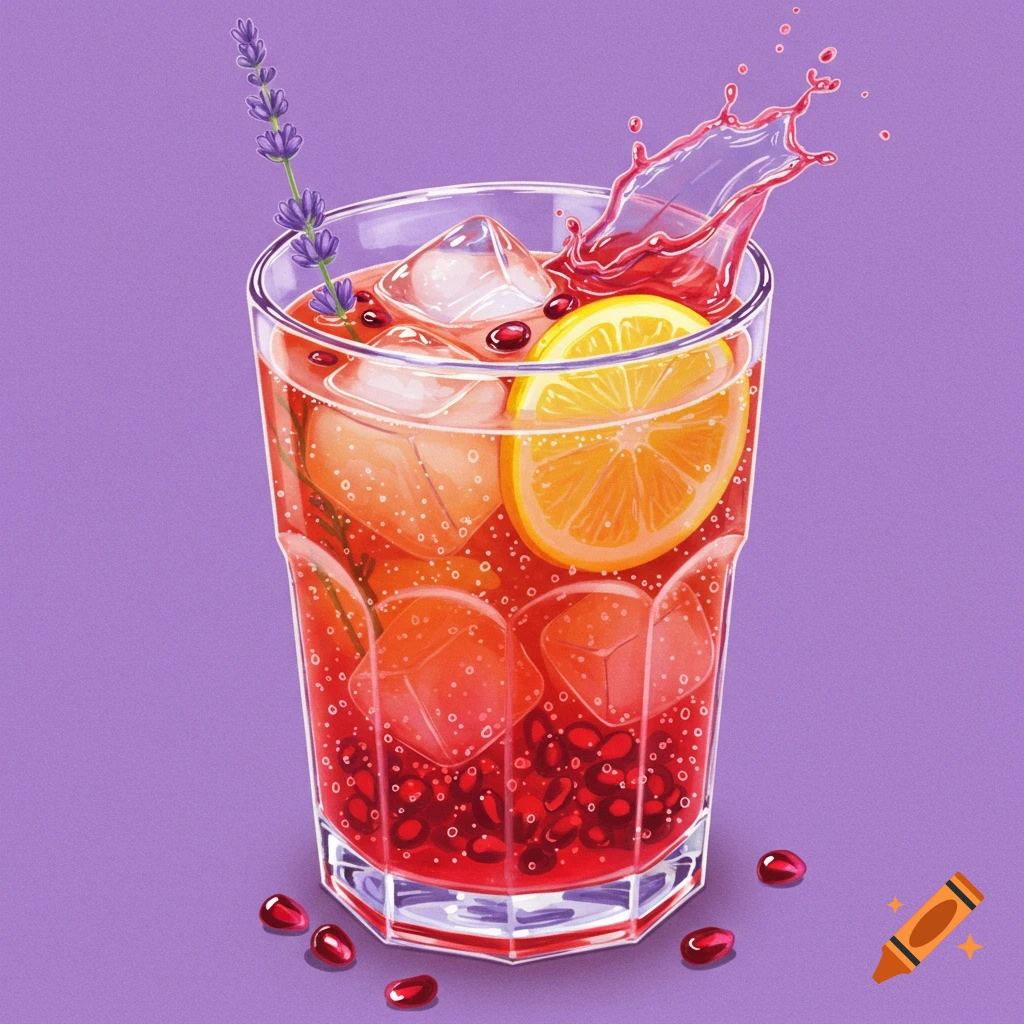 A vibrant red drink features ice cubes, a lemon slice, pomegranate seeds, and a sprig of lavender, captured mid-splash.