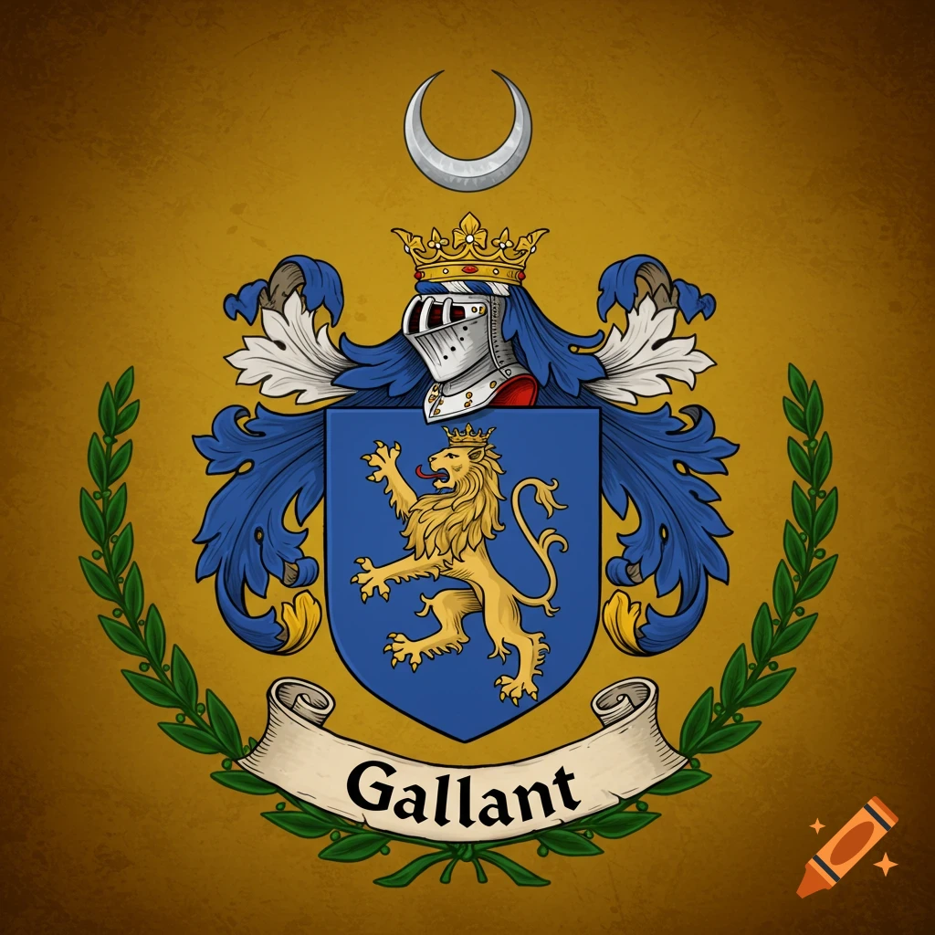 A detailed depiction of the Gallant family crest, featuring a prominent lion, an ornate crown, a formidable helmet, and a flowing banner.