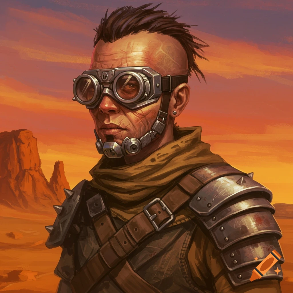 A wasteland nomad with goggles and armor stands in a desert.