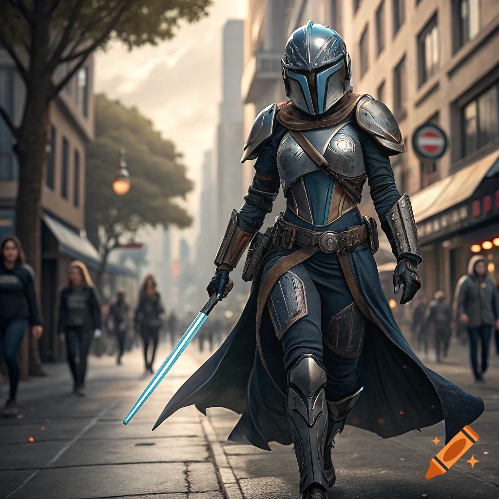 Character in futuristic armor walks down city street with glowing sword.