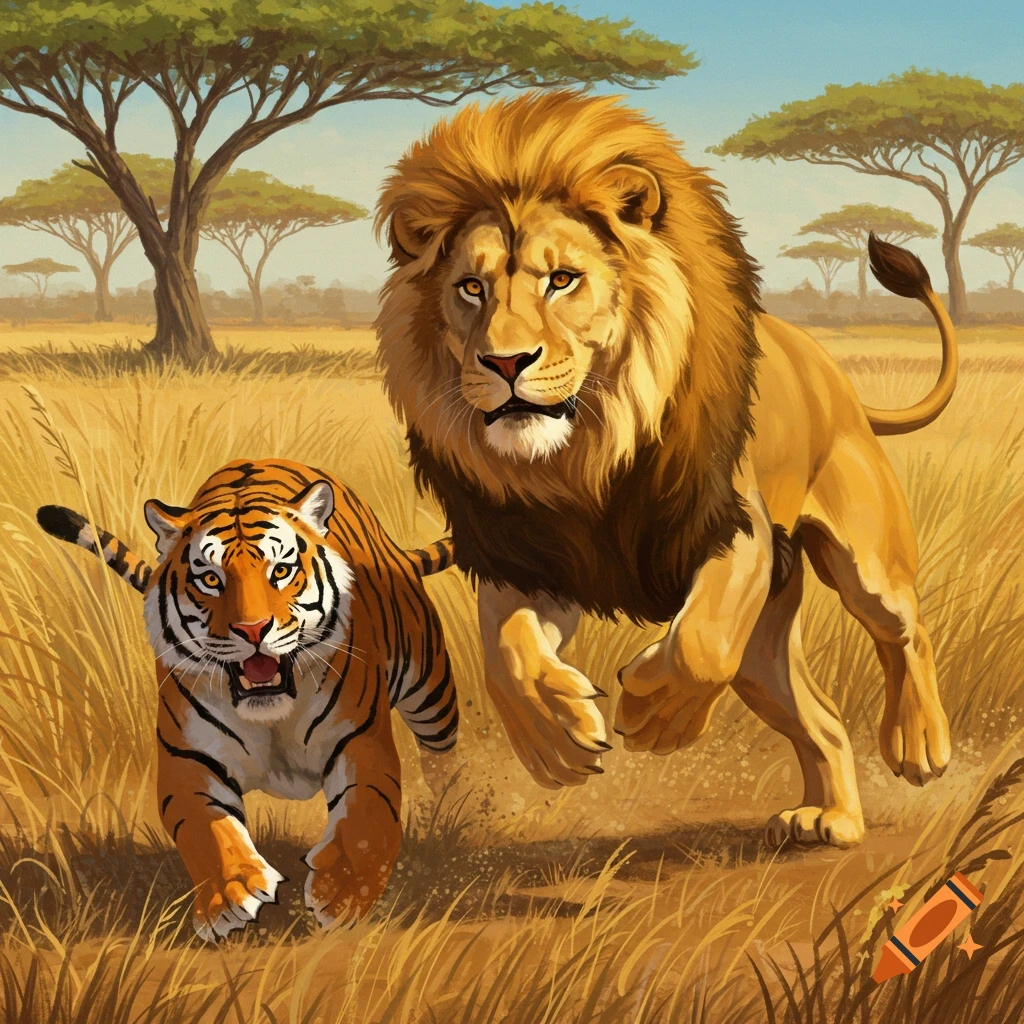 A lion and a tiger running through tall grass in a savanna.