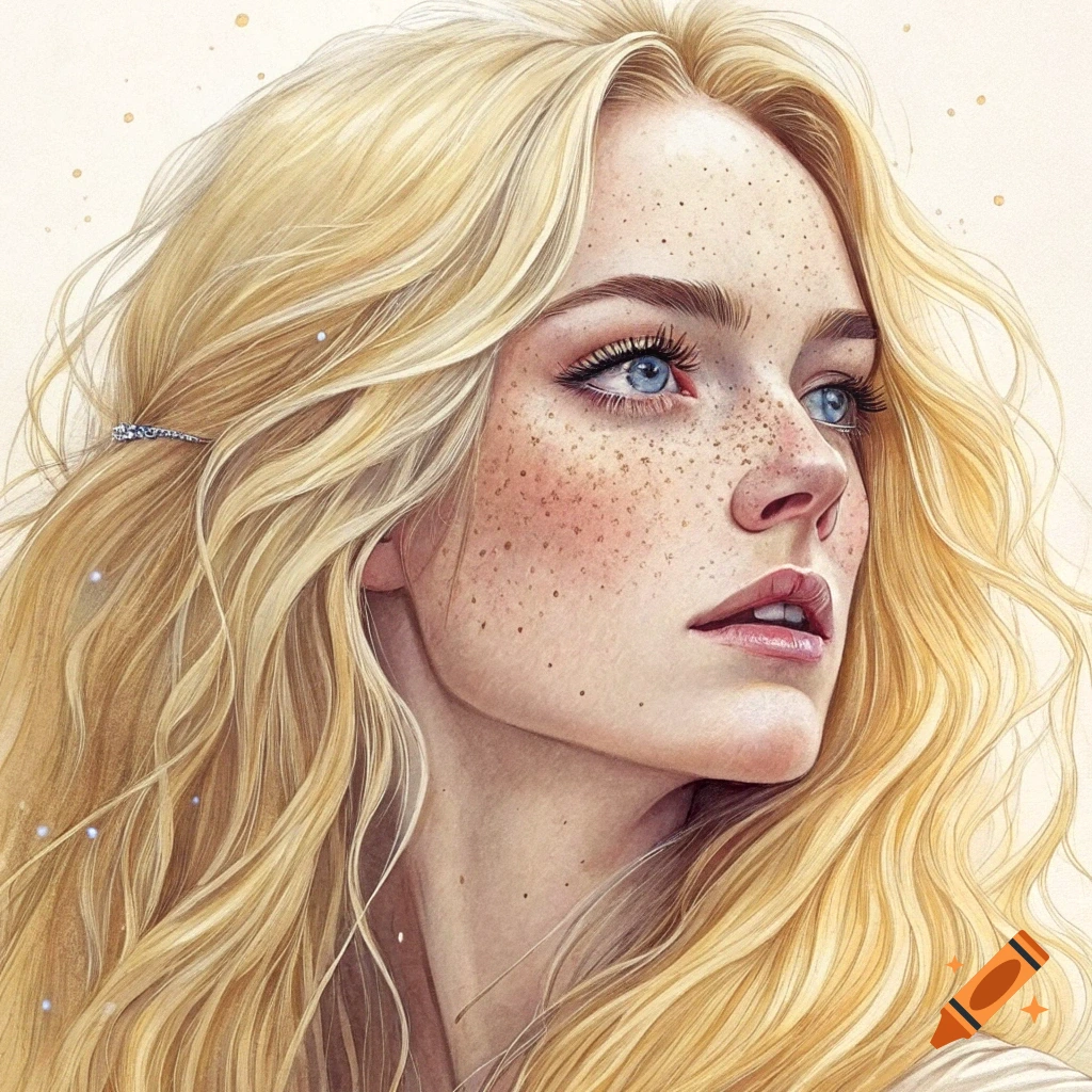 Close-up painting of a blonde woman with blue eyes and freckles