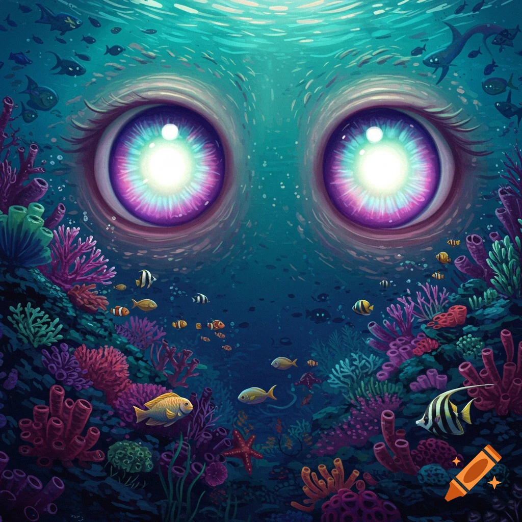 Giant vibrant eyes look out from deep underwater amidst colorful coral and fish