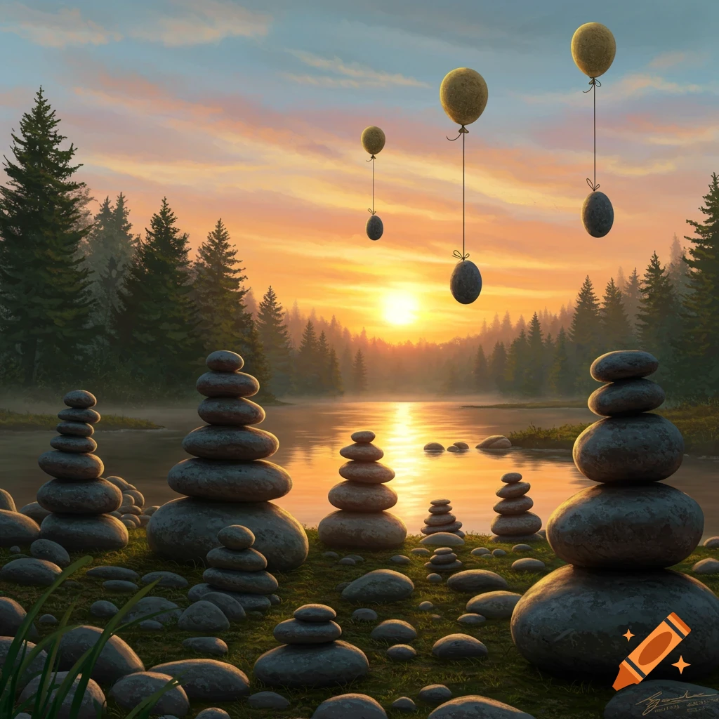 Stacked stones by a river at sunrise, with stones floating like balloons.